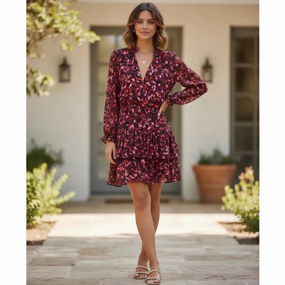 Karina Grimaldi Dress Red and Black Long Sleeve Silk Blend Dress NWT